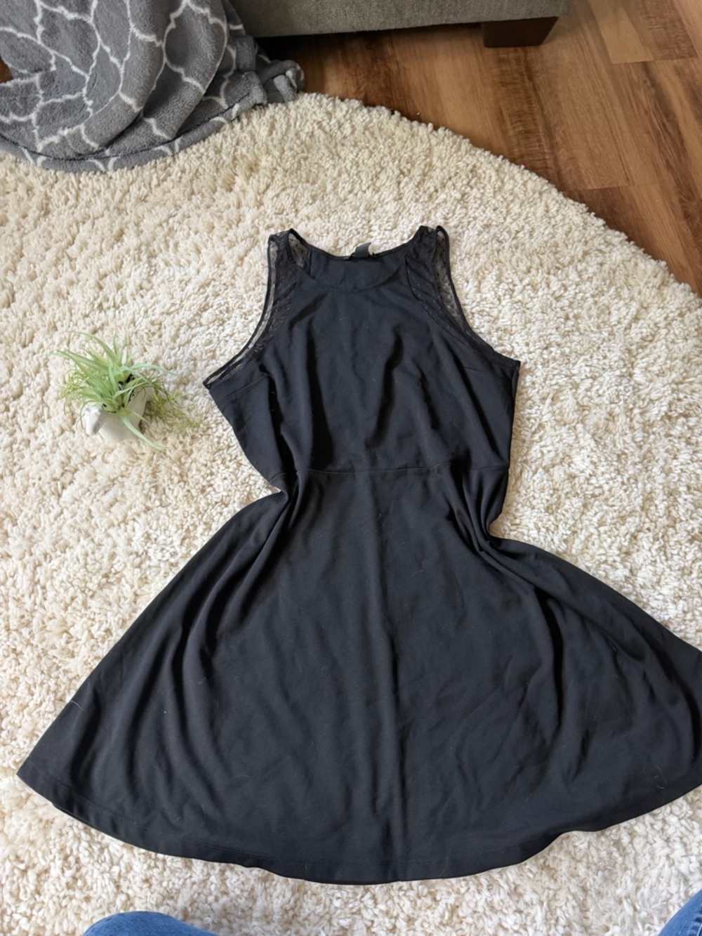 H&M Black Lace-Trim Fit & Flare cute airy spring Midi little black Dress